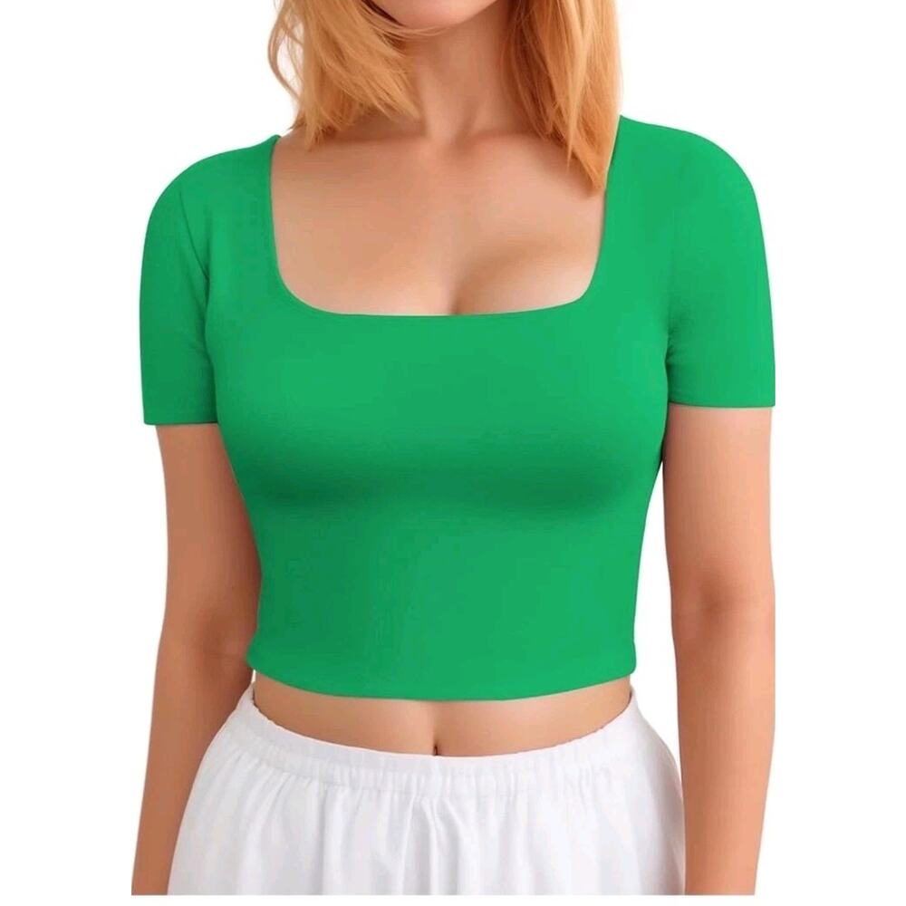 CLOZOZ Short Sleeve Square Neck Crop Tops for Women Basic Slim Fit Sz Large